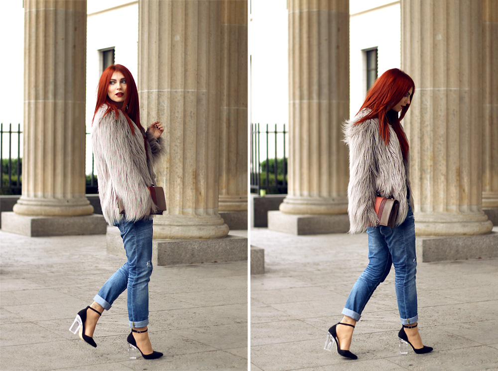Masha Sedgwick Streetstyle Outfit Mercedes Benz Fashion Week Berlin January 2014 Boyfriend jeans fake fur jacket Statement necklace jewelry Valentino clutch edgy mbfwb