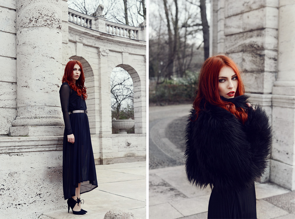 Masha Sedgwick Kim Ahrens Kiamisu Shooting düster gotisch schwarz traurig Berlin Neptunbrunnen Winter