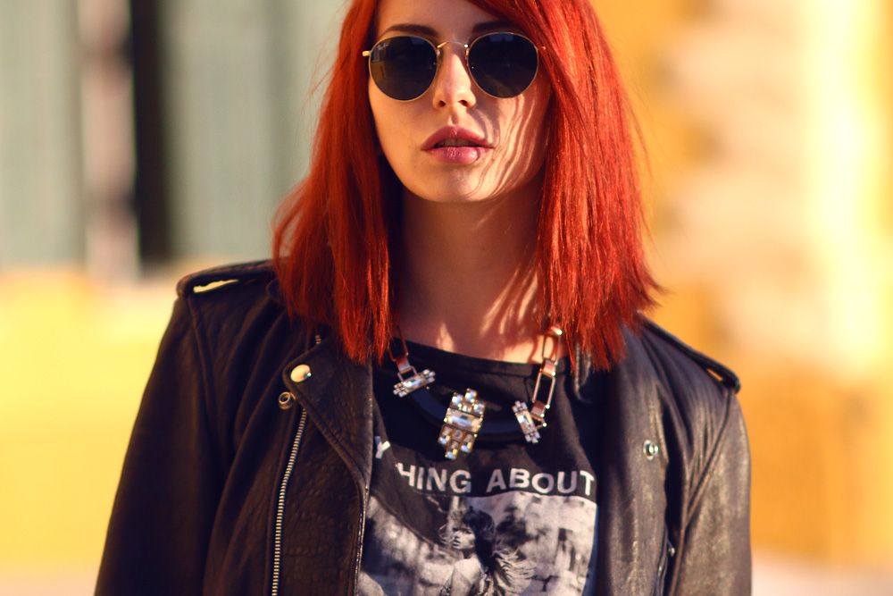 Masha Sedgwick party grunge gold pailetten rock bronze bandshirt mango hoss intropia dryberg kern lederjacke rockig alternativ urban cool style outfit blogger mode