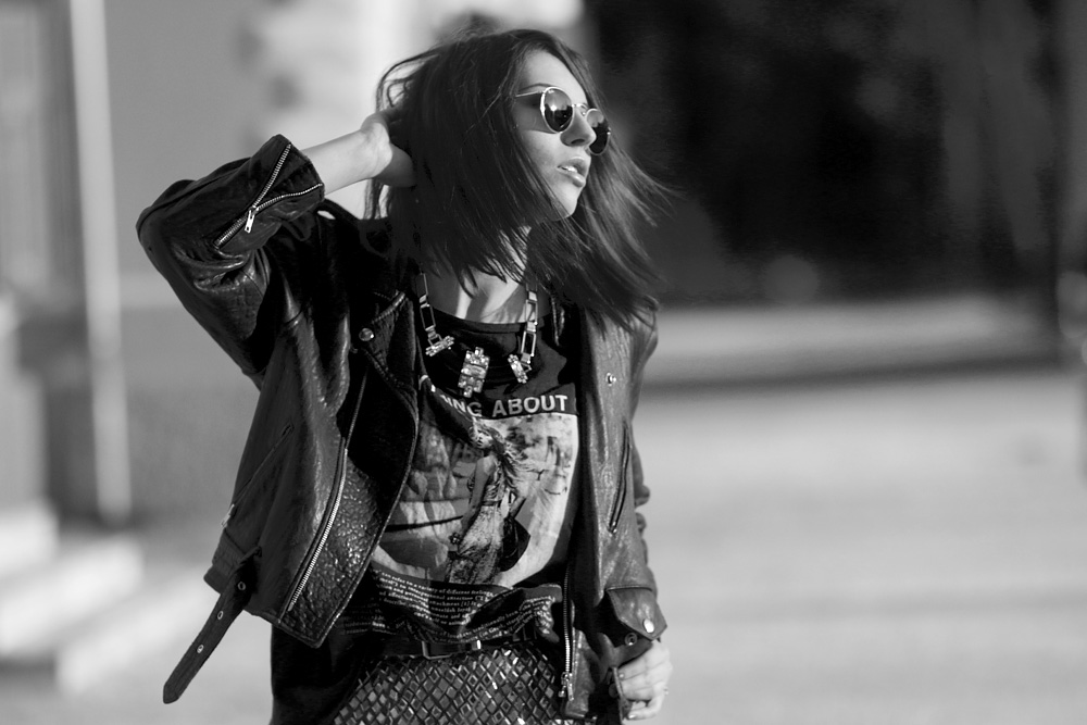 Masha Sedgwick party grunge gold pailetten rock bronze bandshirt mango hoss intropia dryberg kern lederjacke rockig alternativ urban cool style outfit blogger mode