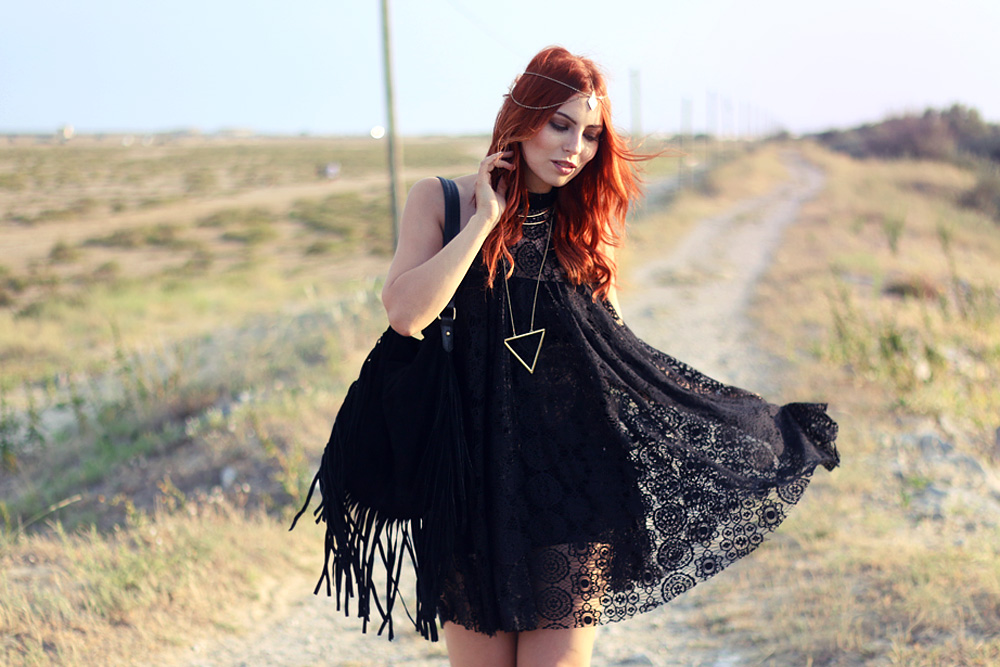 hippie dress black lace schwarze spitze boho kate moss vintage gipsy outfit street style