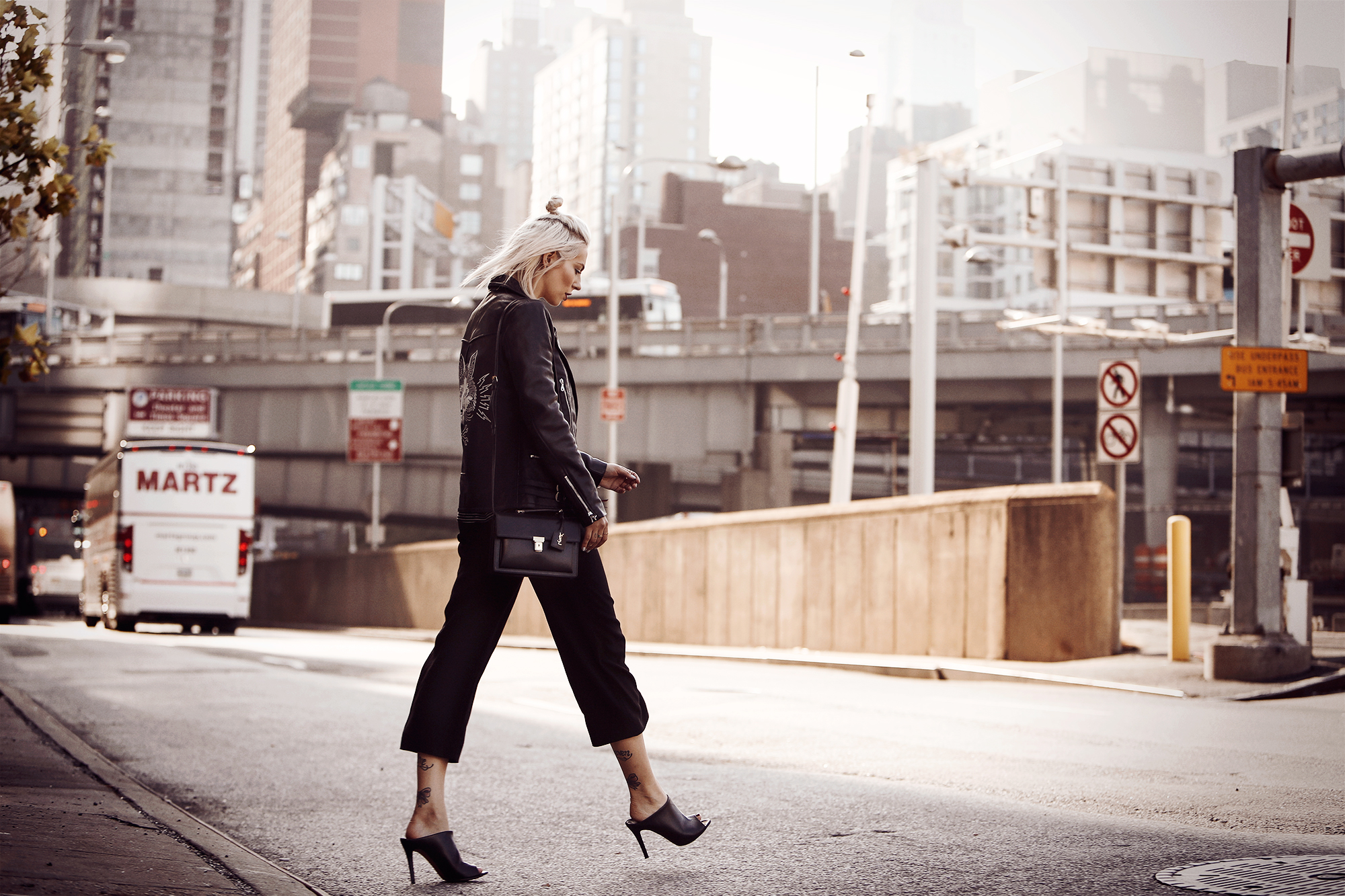 street style from New York via Masha Sedgwick | featuring the Saint Laurent High School bag and a Mulberry leather jacket