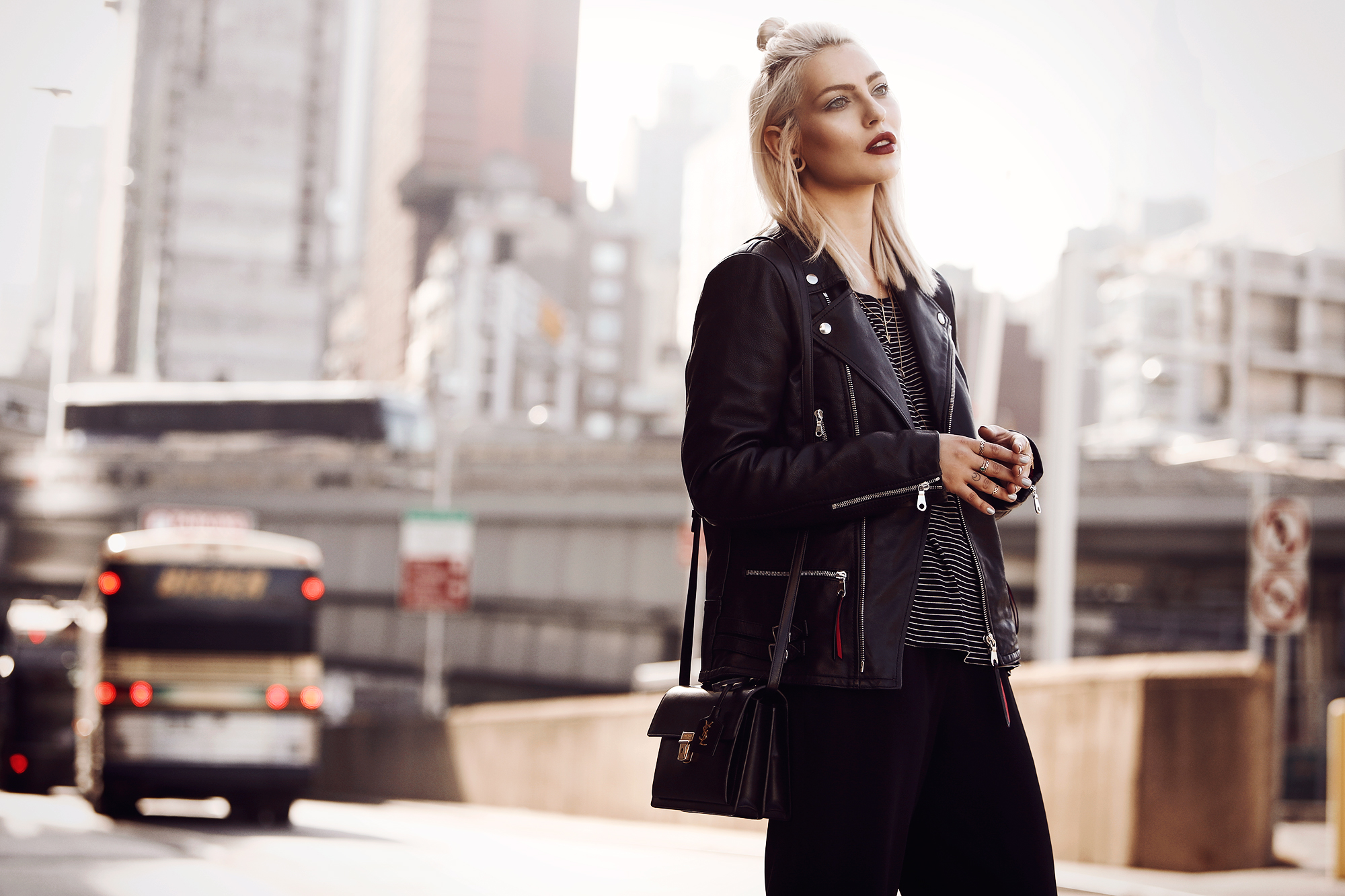 street style from New York via Masha Sedgwick | featuring the Saint Laurent High School bag and a Mulberry leather jacket