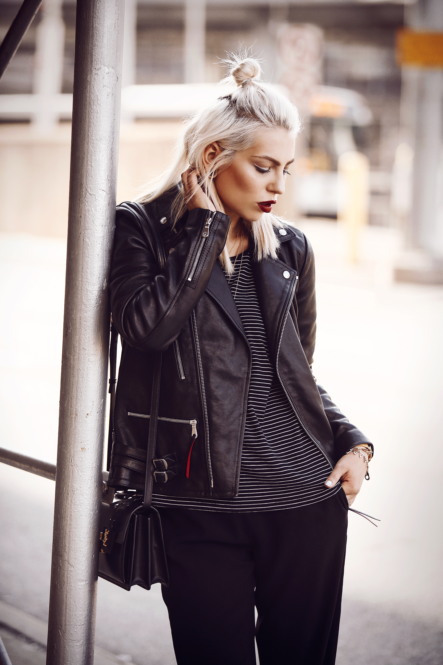 street style from New York via Masha Sedgwick | featuring the Saint Laurent High School bag and a Mulberry leather jacket
