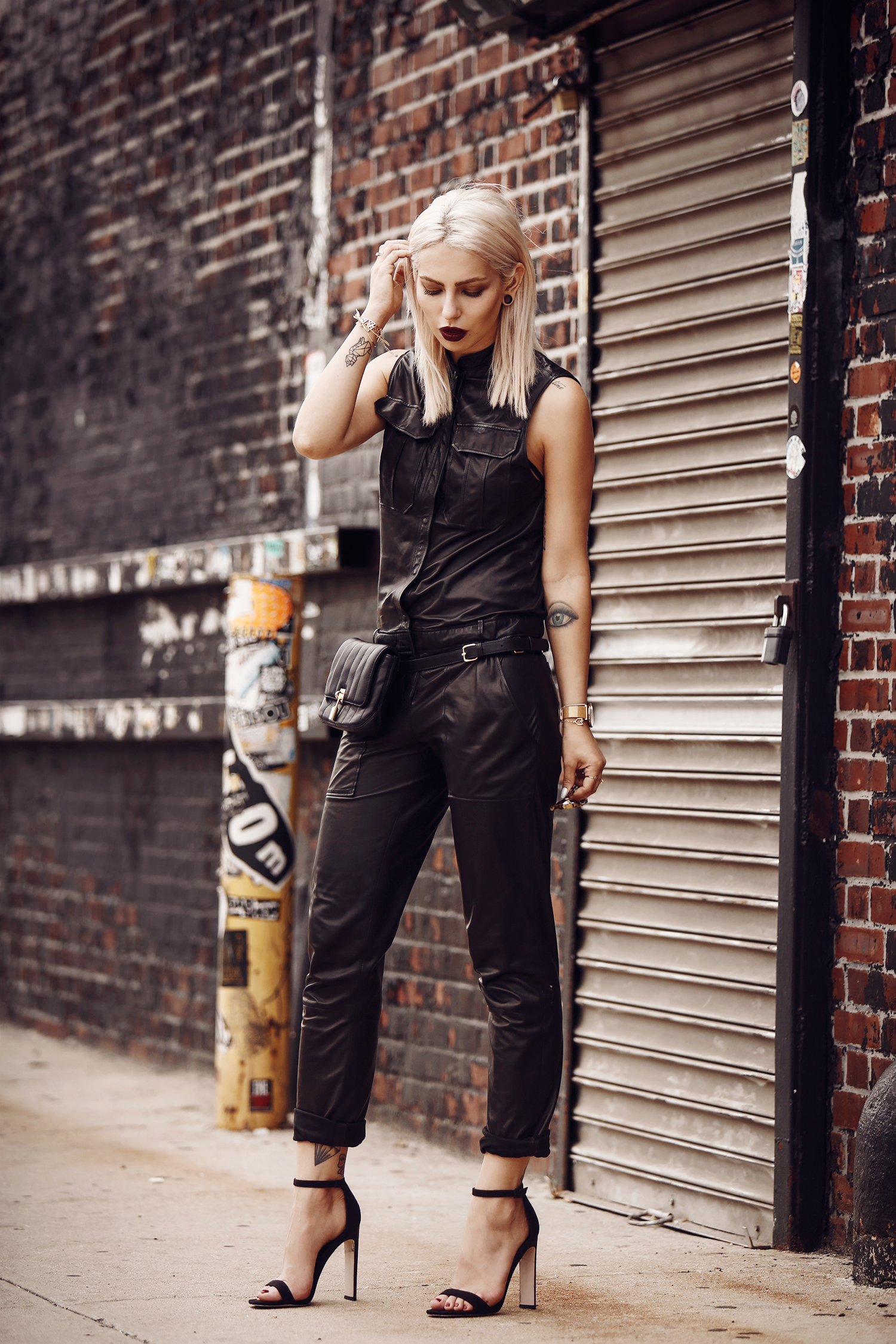 #NYFW - the leather jumpsuit | my street style from New York | Masha Sedgwick is wearing a leather jumpsuit, a belt bag and sunnies from Dior
