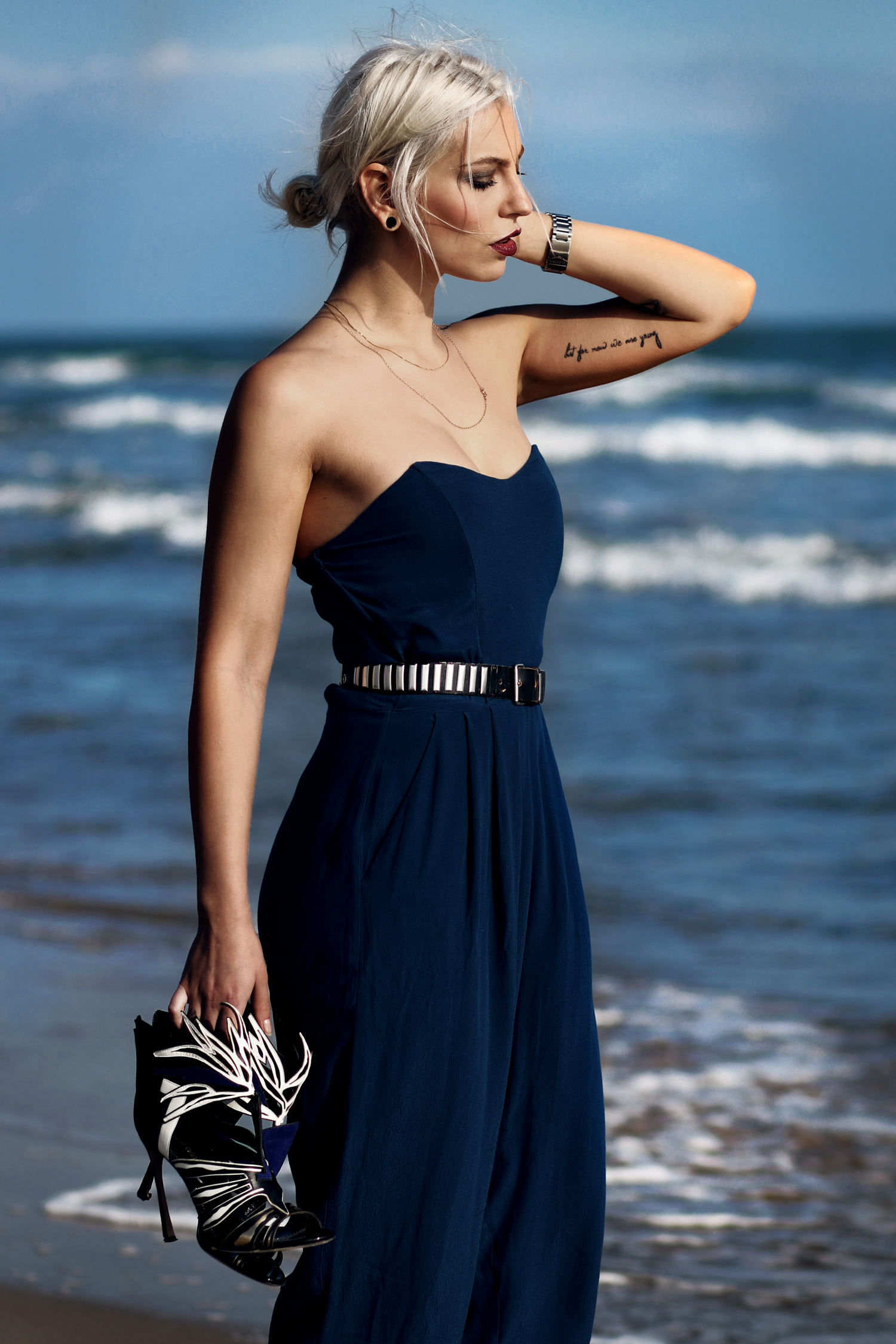view more details on my blog | wearing a blue, strapless jumpsuit at the beach | 5 Preview | Sergio Rossi | Outfit, Fashion, Beach, Editorial