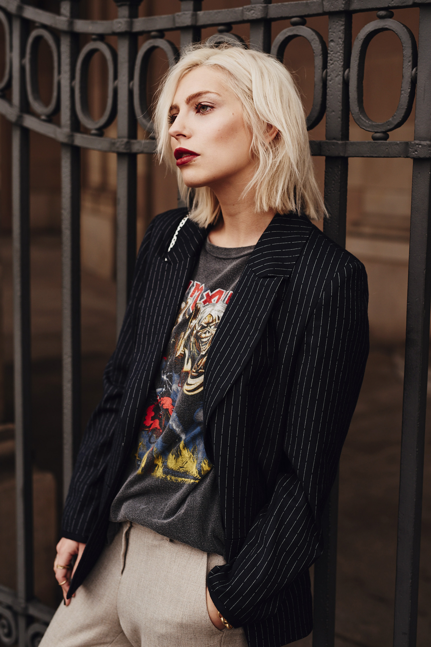 view more details on my blog | wearing an Iron Maiden band shirt with a blazer and loafers | mixing edgy, grunge and classy | street style, fashion, outfit