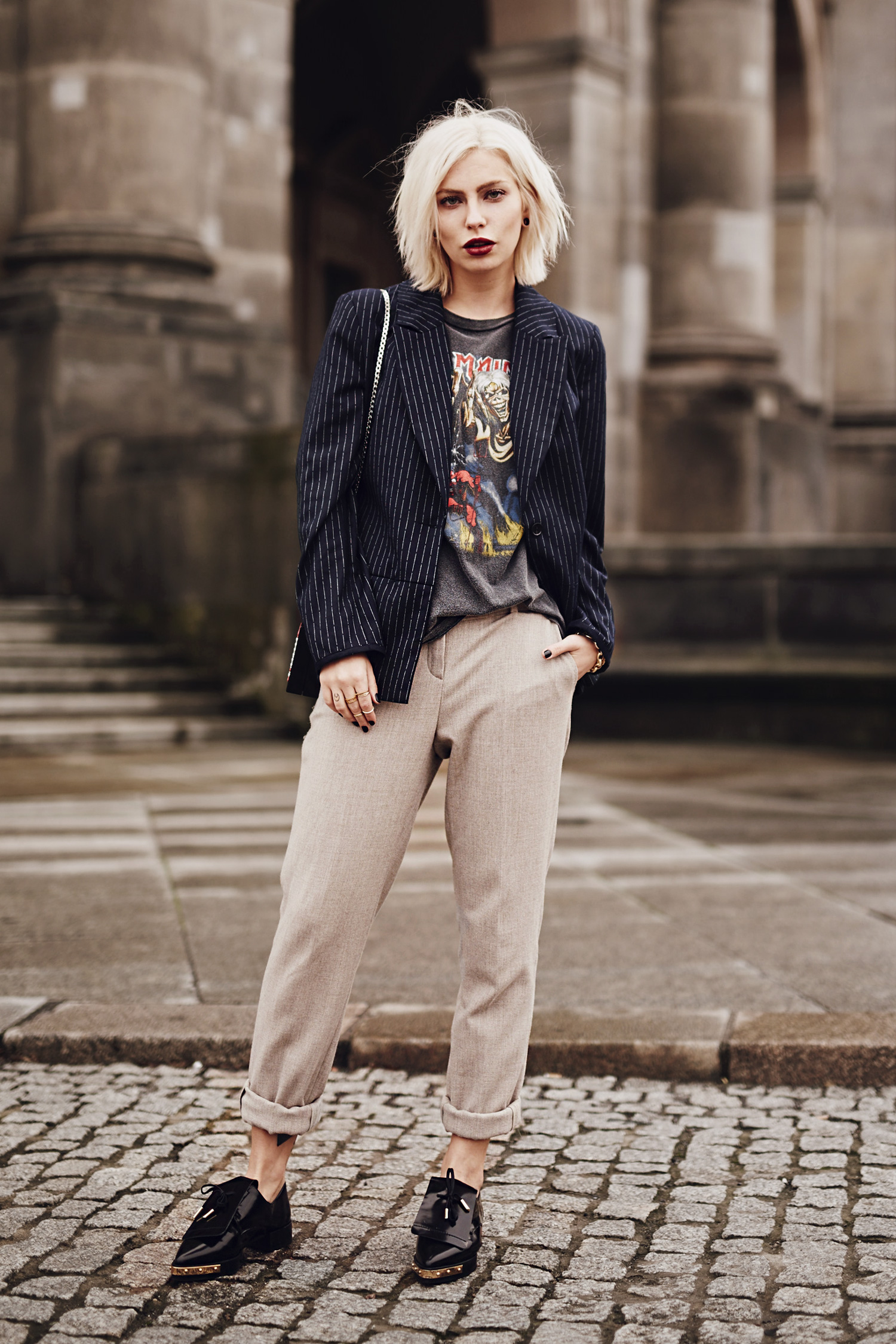 view more details on my blog | wearing an Iron Maiden band shirt with a blazer and loafers | mixing edgy, grunge and classy | street style, fashion, outfit