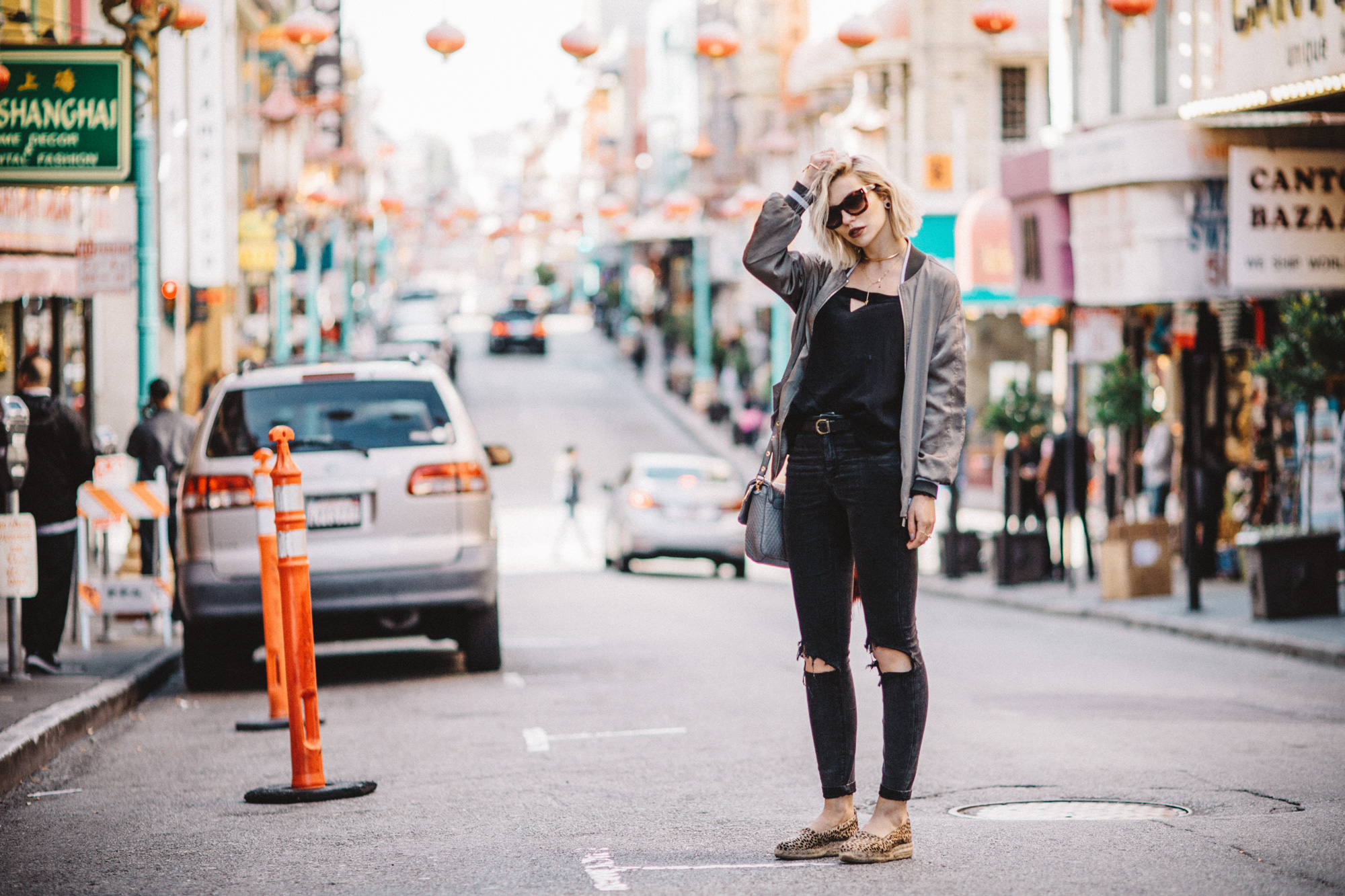 Chinatown in San Francisco | view more pictures on my blog | casual city style | Pinko bomber jacket, Filippa K. top, Nixon watch, Escada sunnies, Asos distressed grey jeans | fashion blogger | 