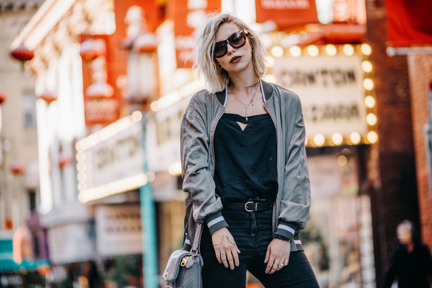 Chinatown in San Francisco | view more pictures on my blog | casual city style | Pinko bomber jacket, Filippa K. top, Nixon watch, Escada sunnies, Asos distressed grey jeans | fashion blogger | 