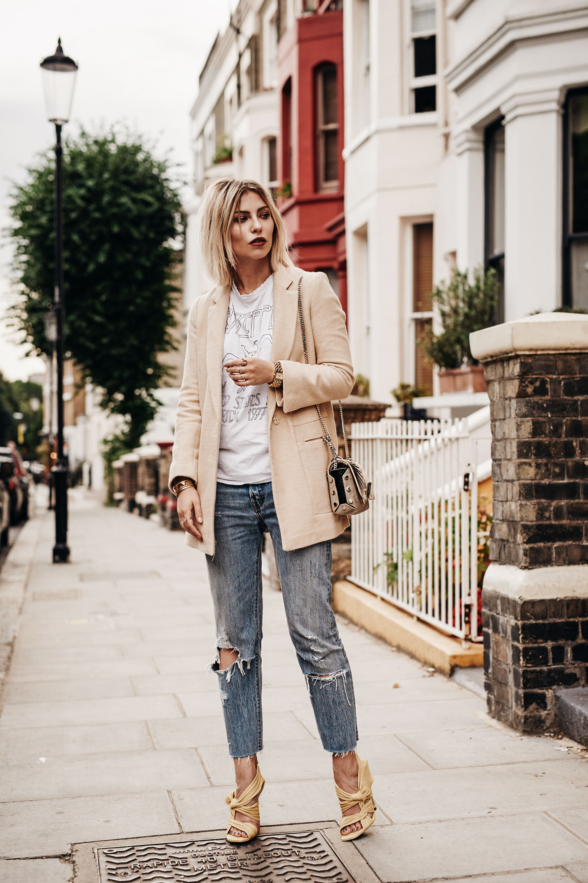 sunny weather | outfit & fashion | style: edgy, casual, yellow, summer | shooting location: London, notting hill | labels: Jimmy Choo sandals & bag, Levis 501 Jeans, Zara Blazer, vintage Led Zeppelin Band Shirt | visit my blog for more details