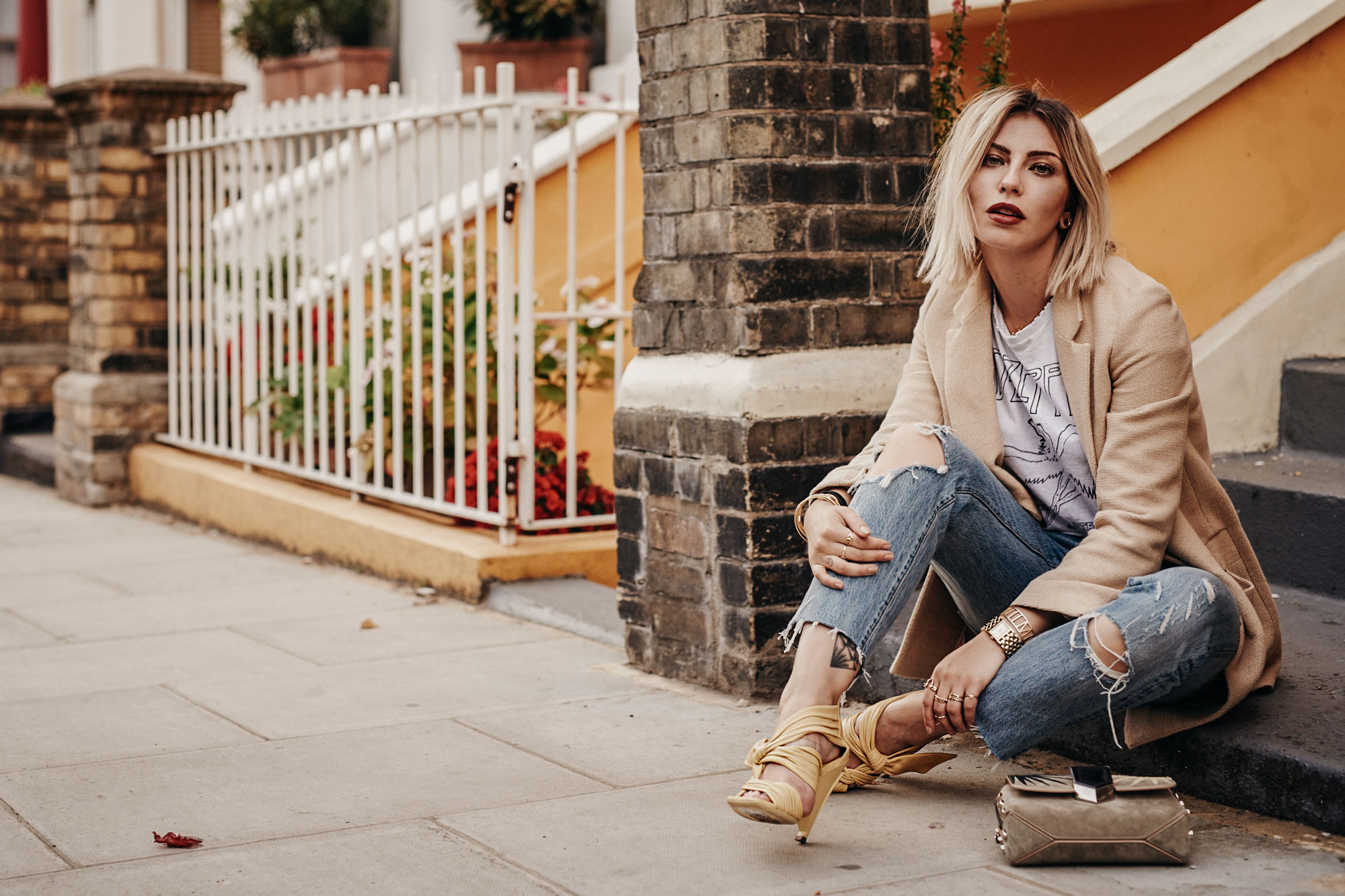 sunny weather | outfit & fashion | style: edgy, casual, yellow, summer | shooting location: London, notting hill | labels: Jimmy Choo sandals & bag, Levis 501 Jeans, Zara Blazer, vintage Led Zeppelin Band Shirt | visit my blog for more details