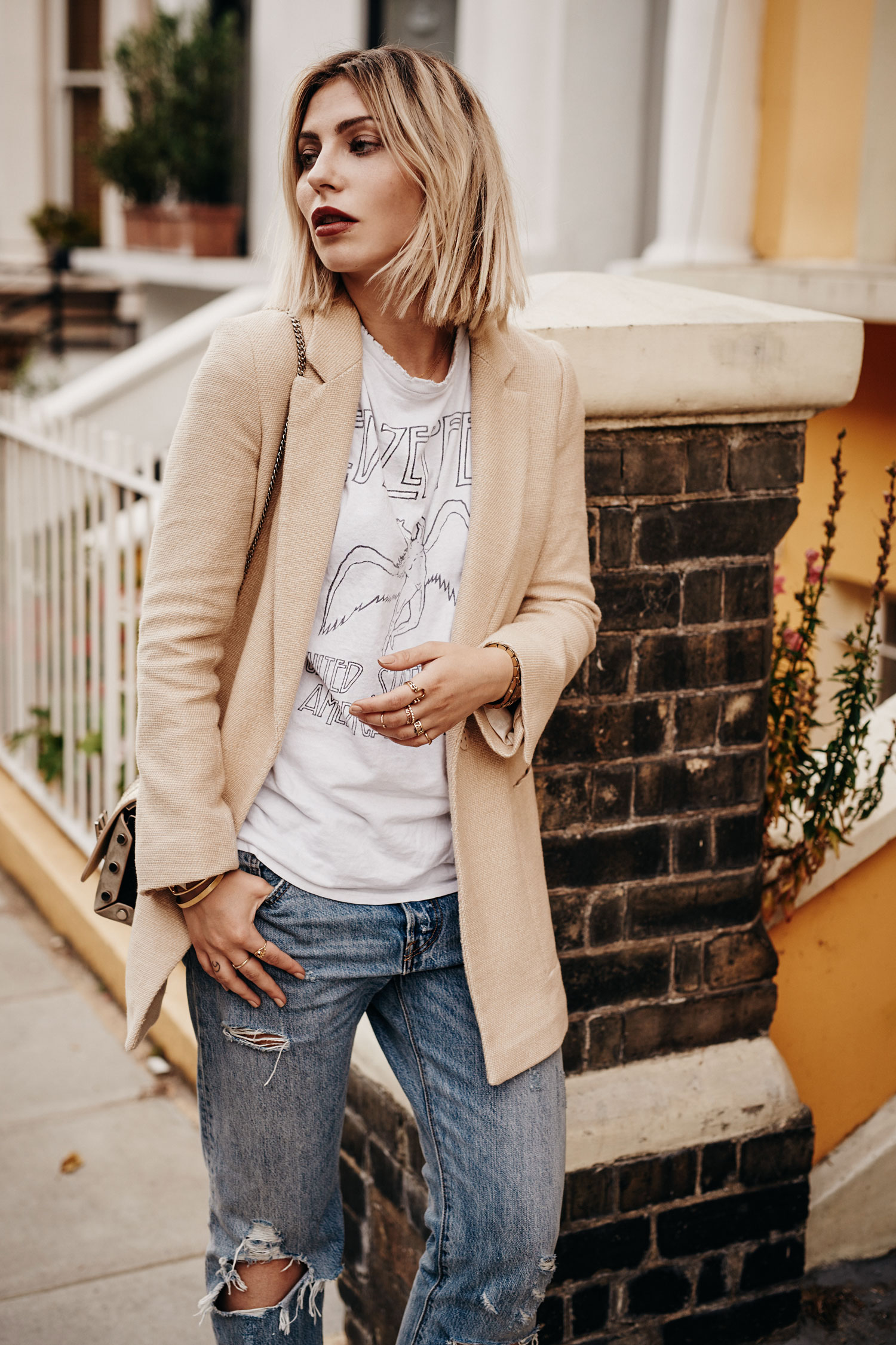 sunny weather | outfit & fashion | style: edgy, casual, yellow, summer | shooting location: London, notting hill | labels: Jimmy Choo sandals & bag, Levis 501 Jeans, Zara Blazer, vintage Led Zeppelin Band Shirt | visit my blog for more details