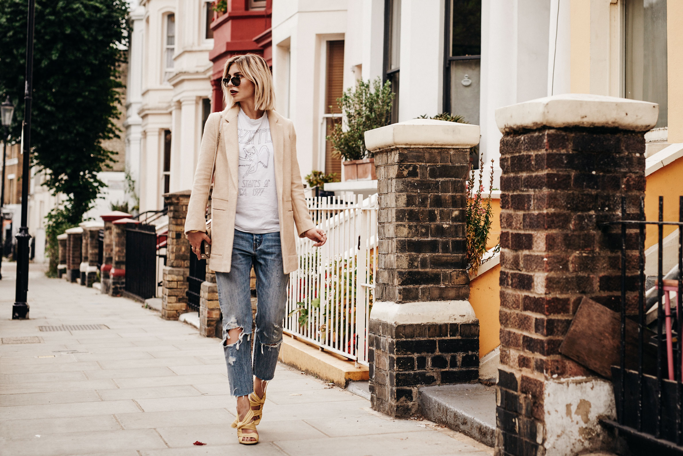 sunny weather | outfit & fashion | style: edgy, casual, yellow, summer | shooting location: London, notting hill | labels: Jimmy Choo sandals & bag, Levis 501 Jeans, Zara Blazer, vintage Led Zeppelin Band Shirt | visit my blog for more details