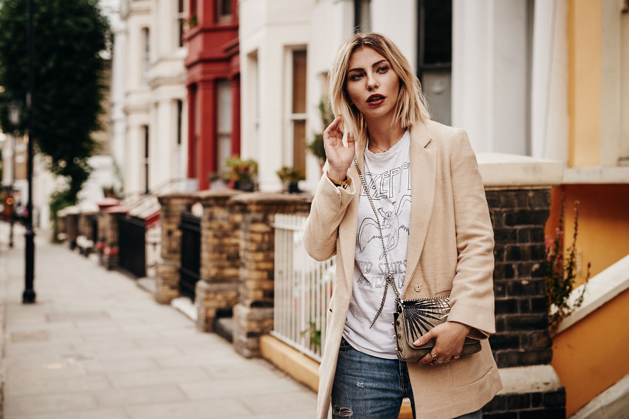 sunny weather | outfit & fashion | style: edgy, casual, yellow, summer | shooting location: London, notting hill | labels: Jimmy Choo sandals & bag, Levis 501 Jeans, Zara Blazer, vintage Led Zeppelin Band Shirt | visit my blog for more details