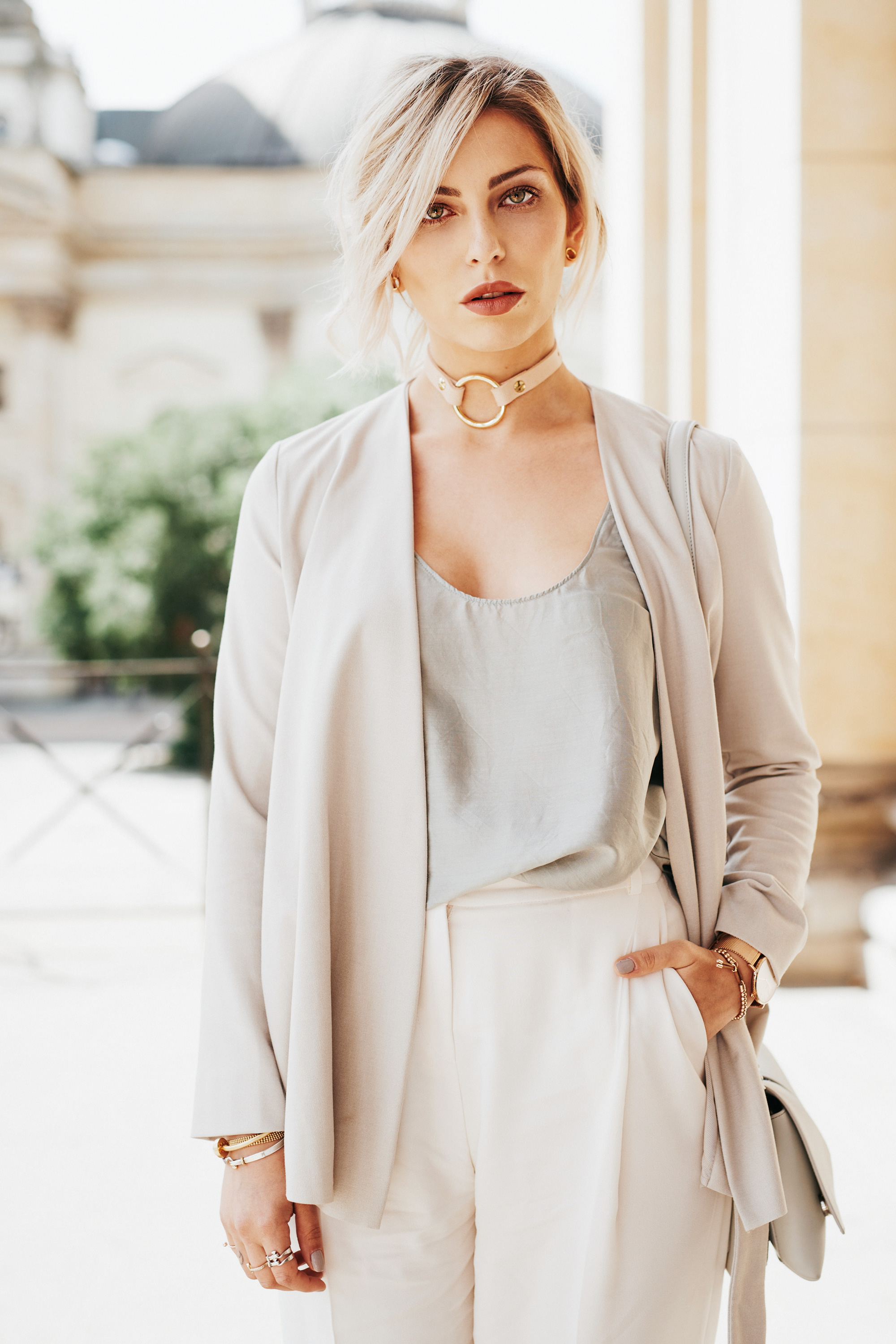 How to combine pastel colors | style: soft, feminine, edgy | location: Berlin, Gendarmenmarkt | finde more outfit details on my blog | labels: grey blazer from Max&Co, mint top from Stella McCartney, white culotte from Hugo Boss, light grey bag from Jil Sander