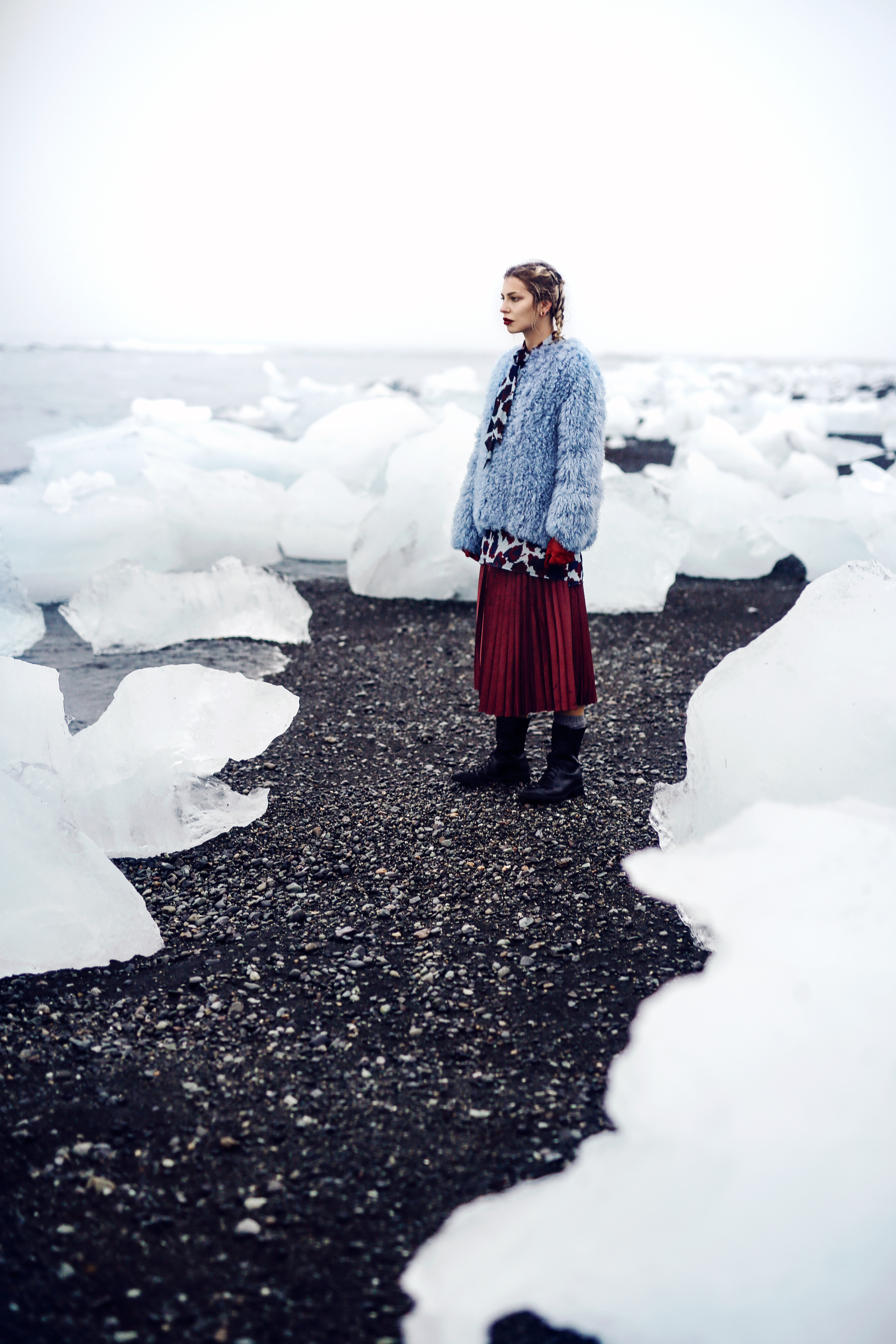 Diamond Beach | Ice princess editorial | location: Jökulsarlon |  style: chic, colorful, plissee skirt, sexy, winter