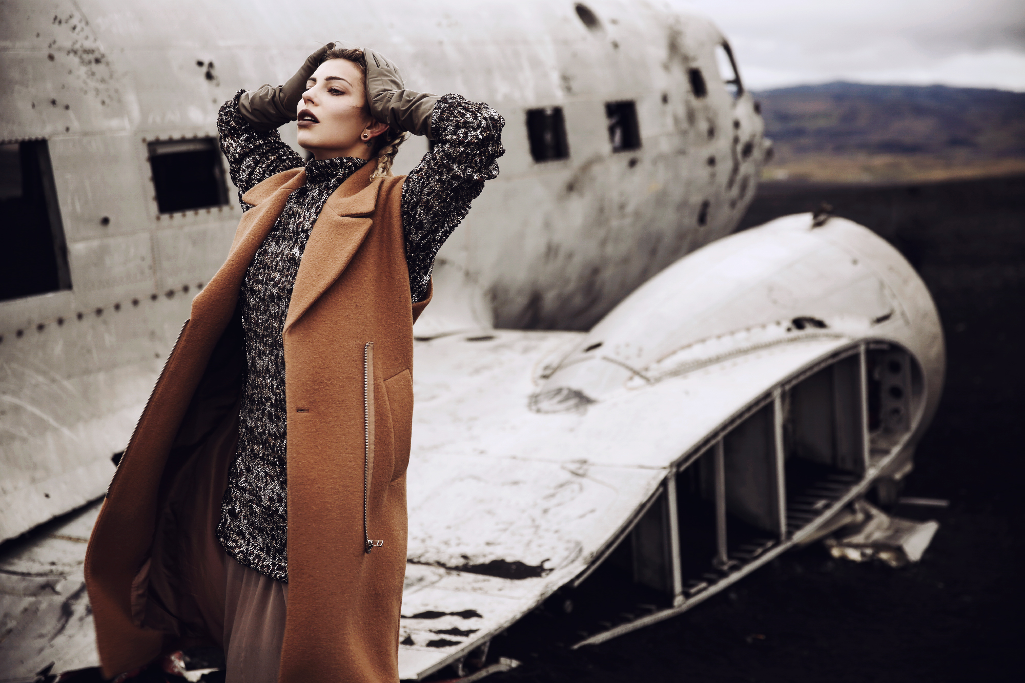fashion editorial shoot in Iceland | plane crash | short story | style: glamorous, party, sequins, winter