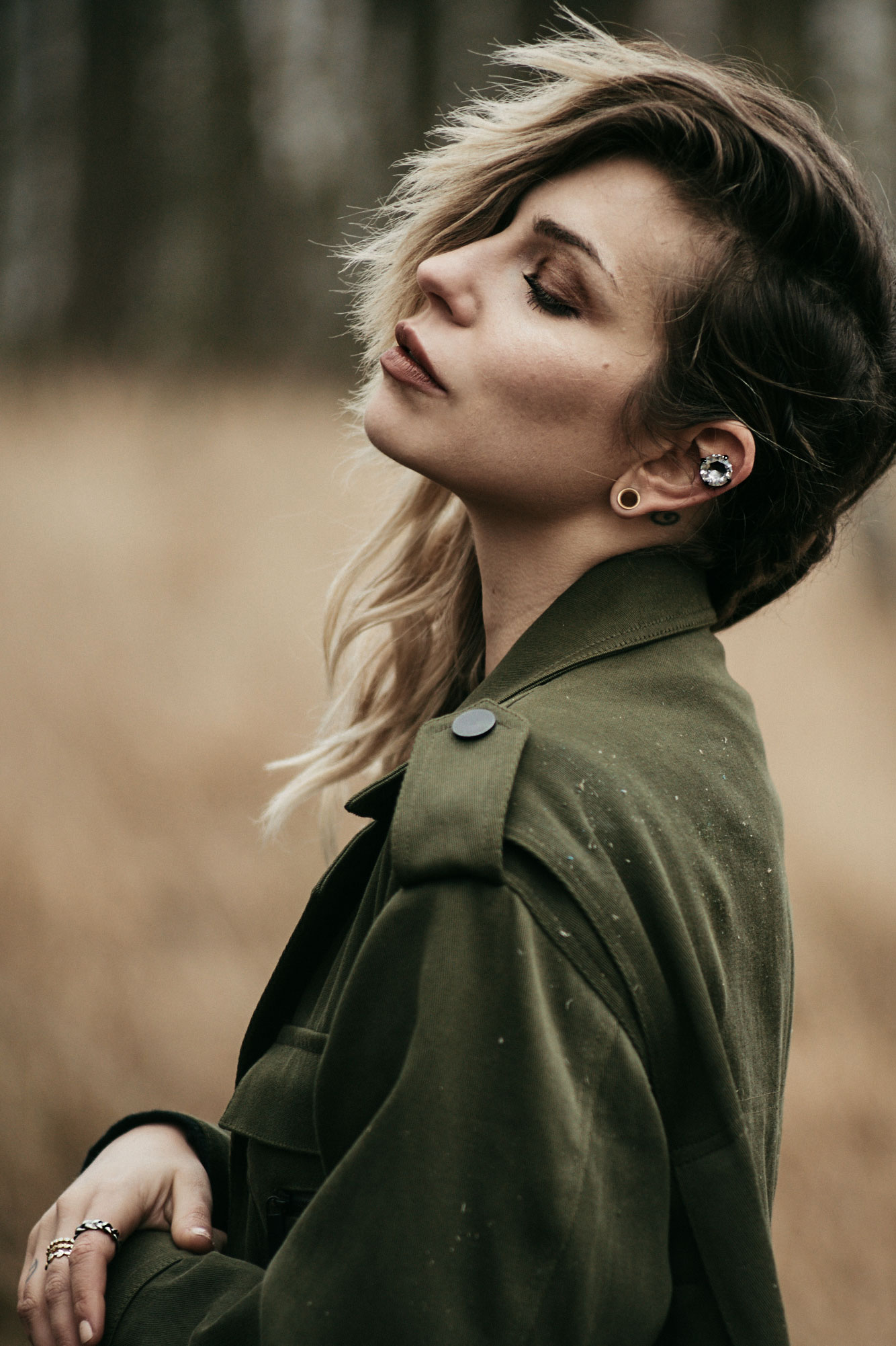 emotional fashion editorial in a birch forest | outfit style: dark, sad, grunge, edgy, goth, sexy | Vogue, black maxi skirt and military coat