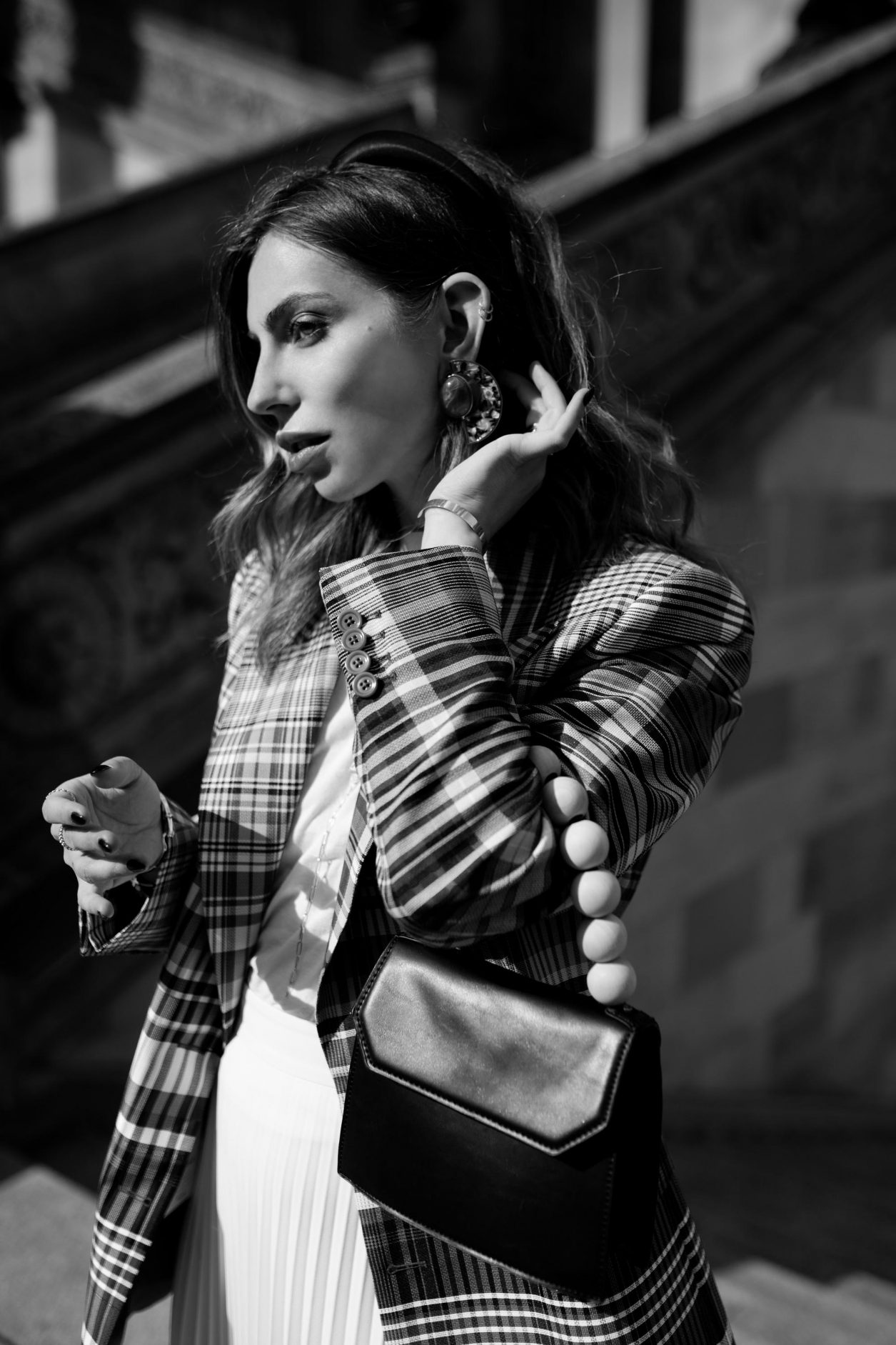 Streetstyle by Masha Sedgwick | Fashion blogger from Berlin, Germany Editorial Photography, make up, hair & beauty inspiration, daily outfit inspiration, best of ootd, lotd, look of the day, portrait photography, summer fashion trends 2019 | Style: sexy, edgy, chic, Scandinavian, minimalistic, effortless cool | outfit: neon green skirt by Artet, Dries van Noten Rainbow blazer, topshop bag, fine jewelry | Berlin Museumsinsel Shooting location